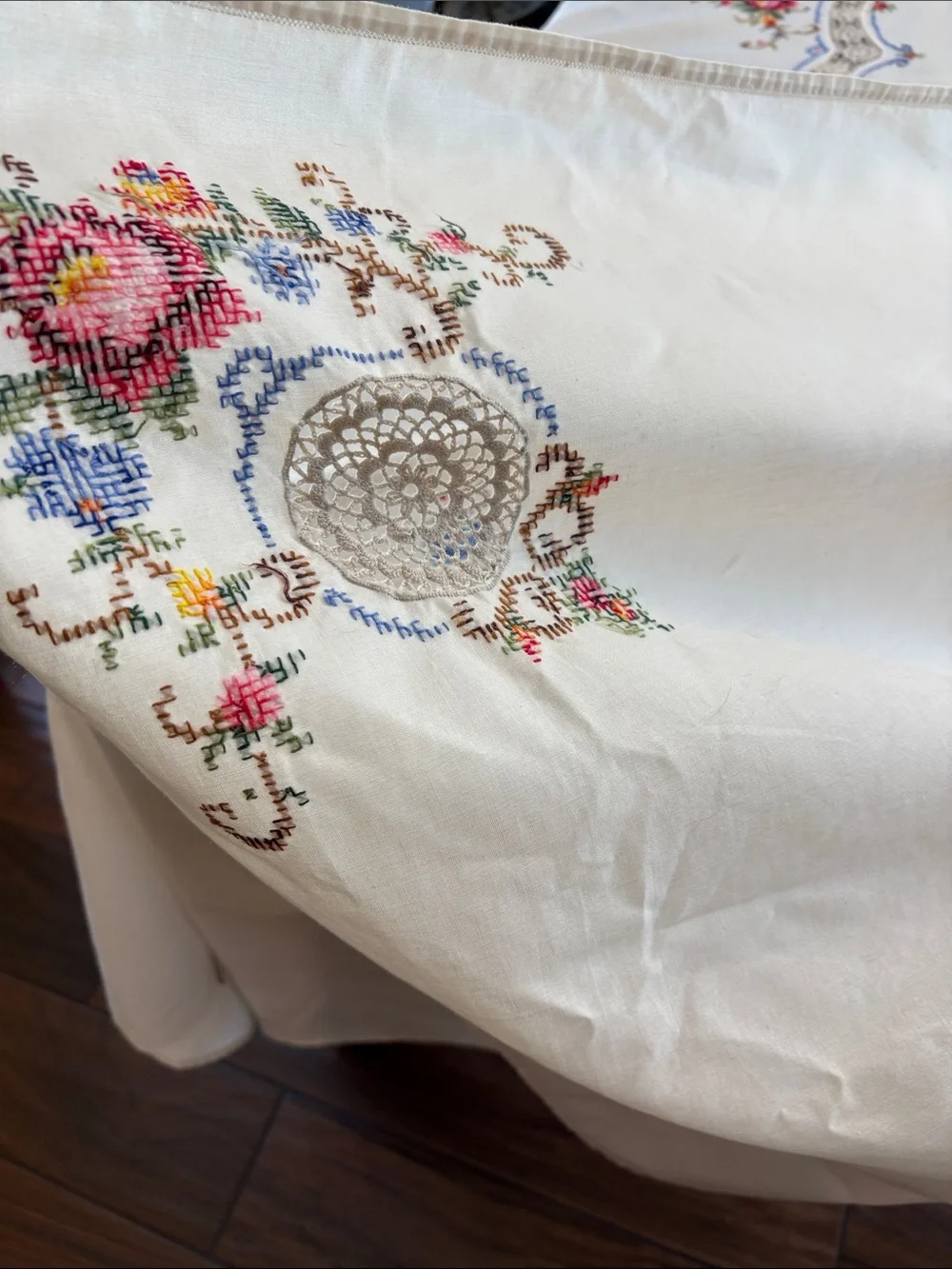 Vintage Large Embroidered & Crochet Floral Tablecloth White, Pink & Multicolor